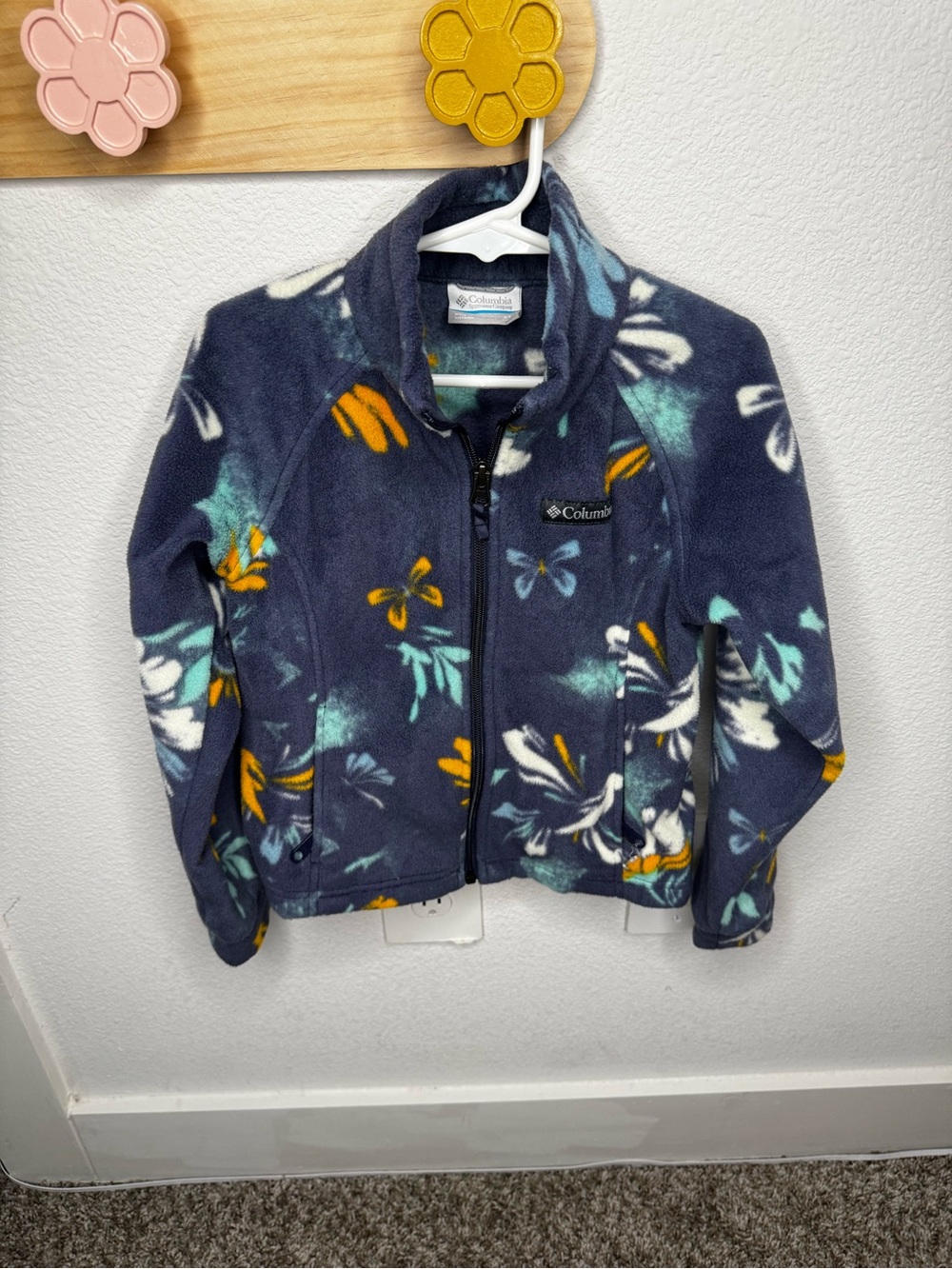 Columbia Girls' Navy Floral Fleece Jacket with Teal & Mustard Accents